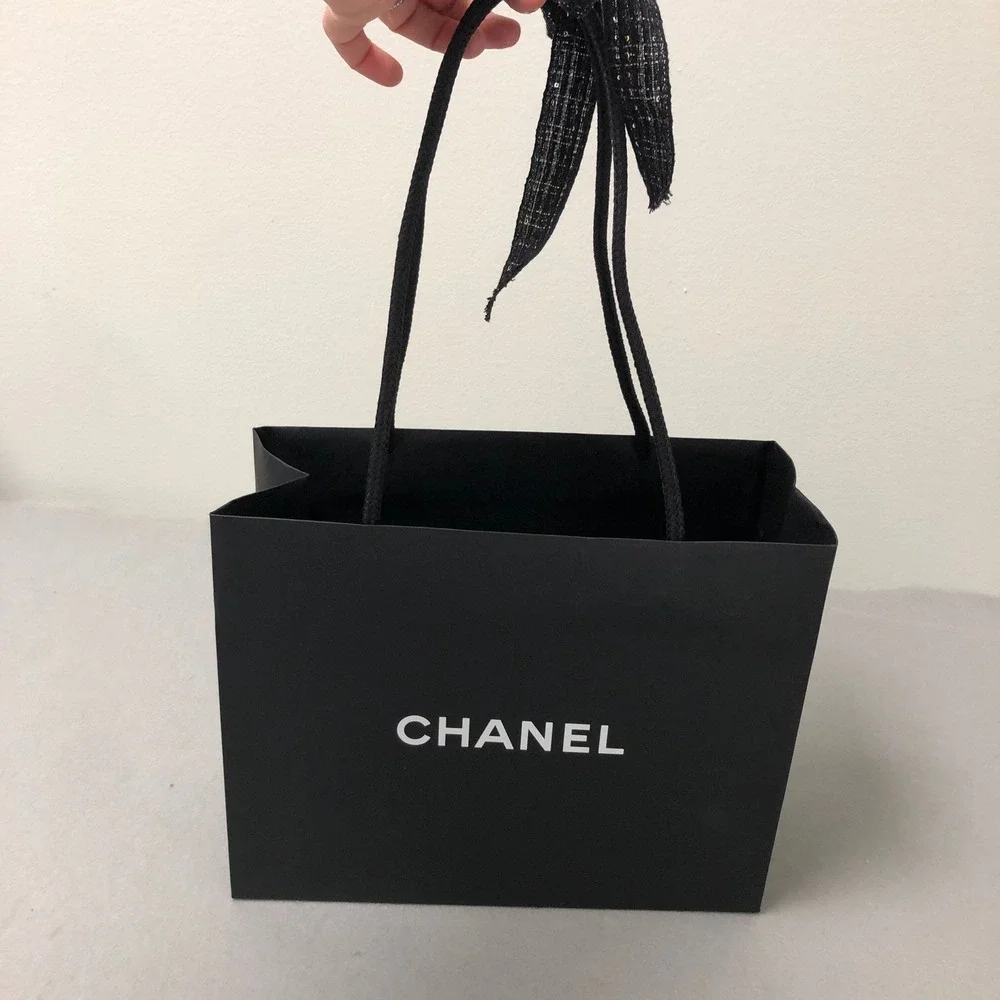 Chanel Gift Box Shopping Bag Gift Set 9.5x9.5x1 Black Logo Tweed Ribbon
